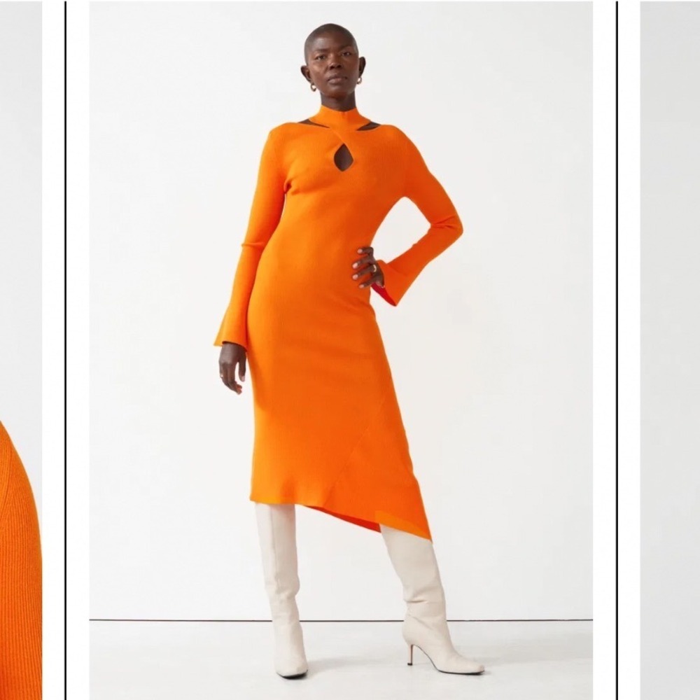 & Other Stories Orange Rib Knit Keyhole Asymmetric Midi Dress Mock Neck Bell s